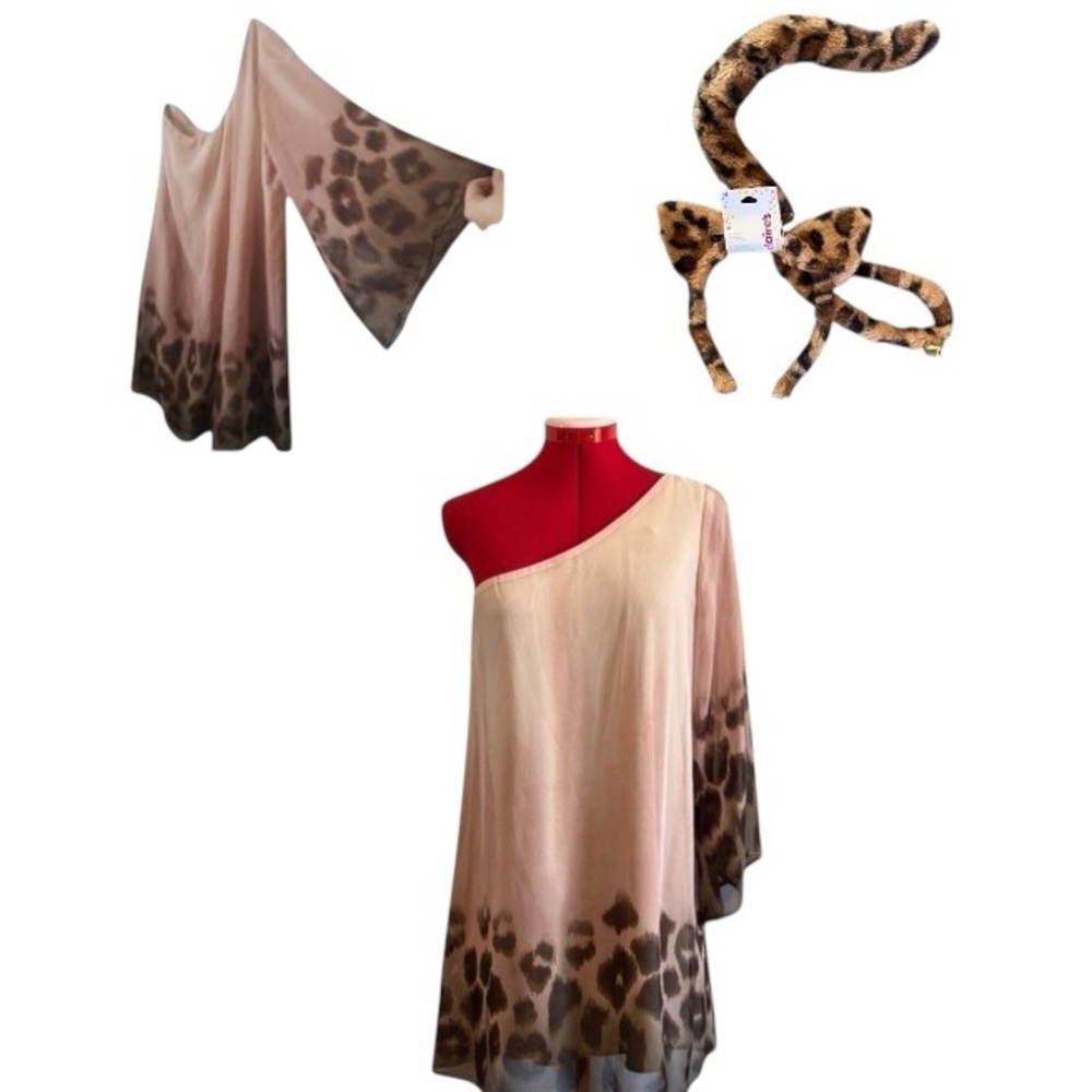 Leopard Print One Shoulder cheetah Dress with ears collar & tail Cat Costume